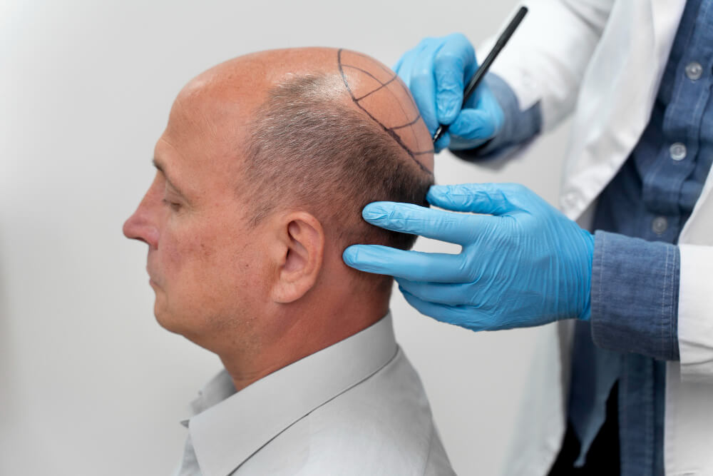 Dermatologist performing an advanced hair transplant at SkinMD Clinic, Pune — using FUE and FUT techniques for natural and permanent hair restoration.