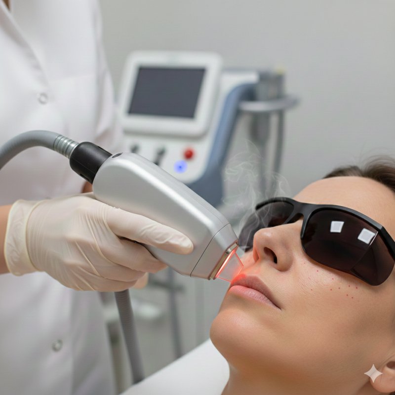 Dermatologist performing laser treatment on cheeks to reduce enlarged facial pores